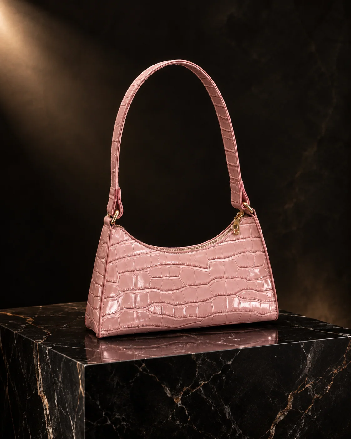 Blush Pink Crocodile-Texture Shoulder Bag