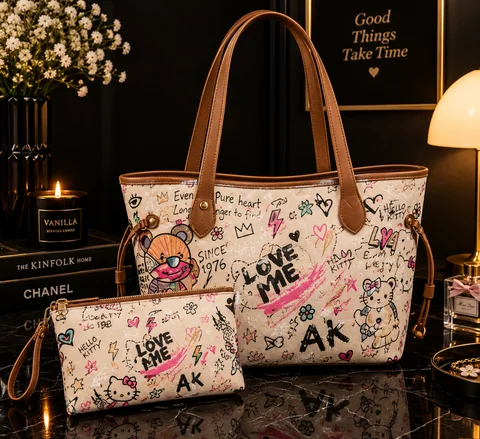 Beige Printed Tote Bag Set