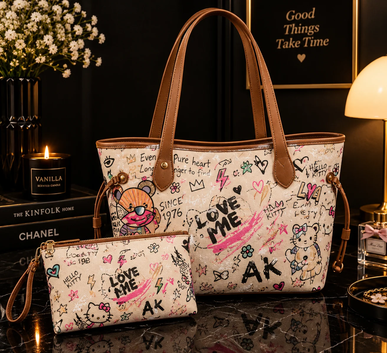 Beige Printed Tote Bag Set