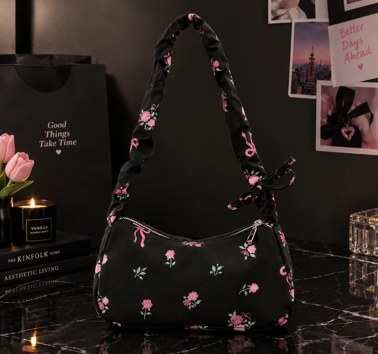 Pink Floral Black Shoulder Bag