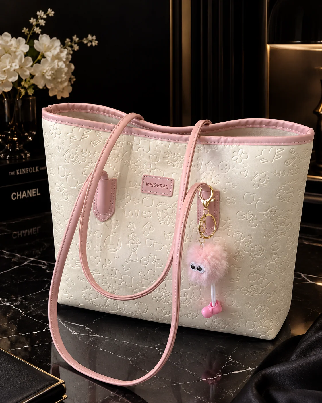 Cream Tote Bag with Pink Trim and Fluffy Charm