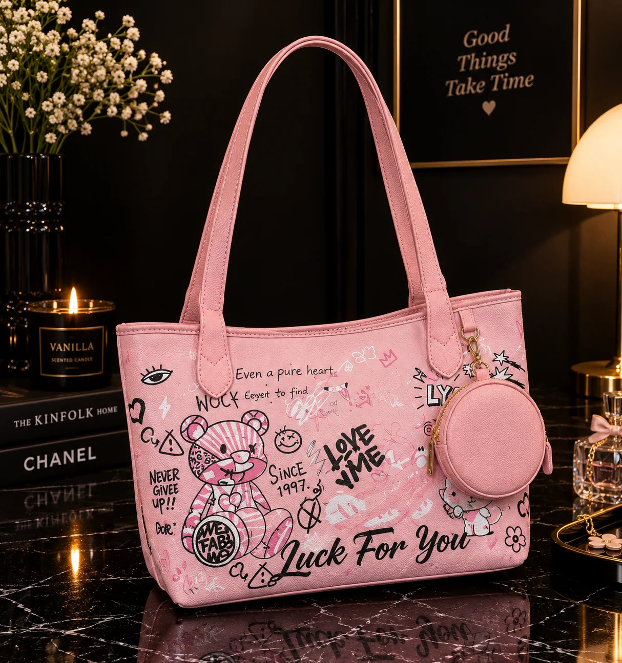 Pink graffiti tote bag with matching coin purse